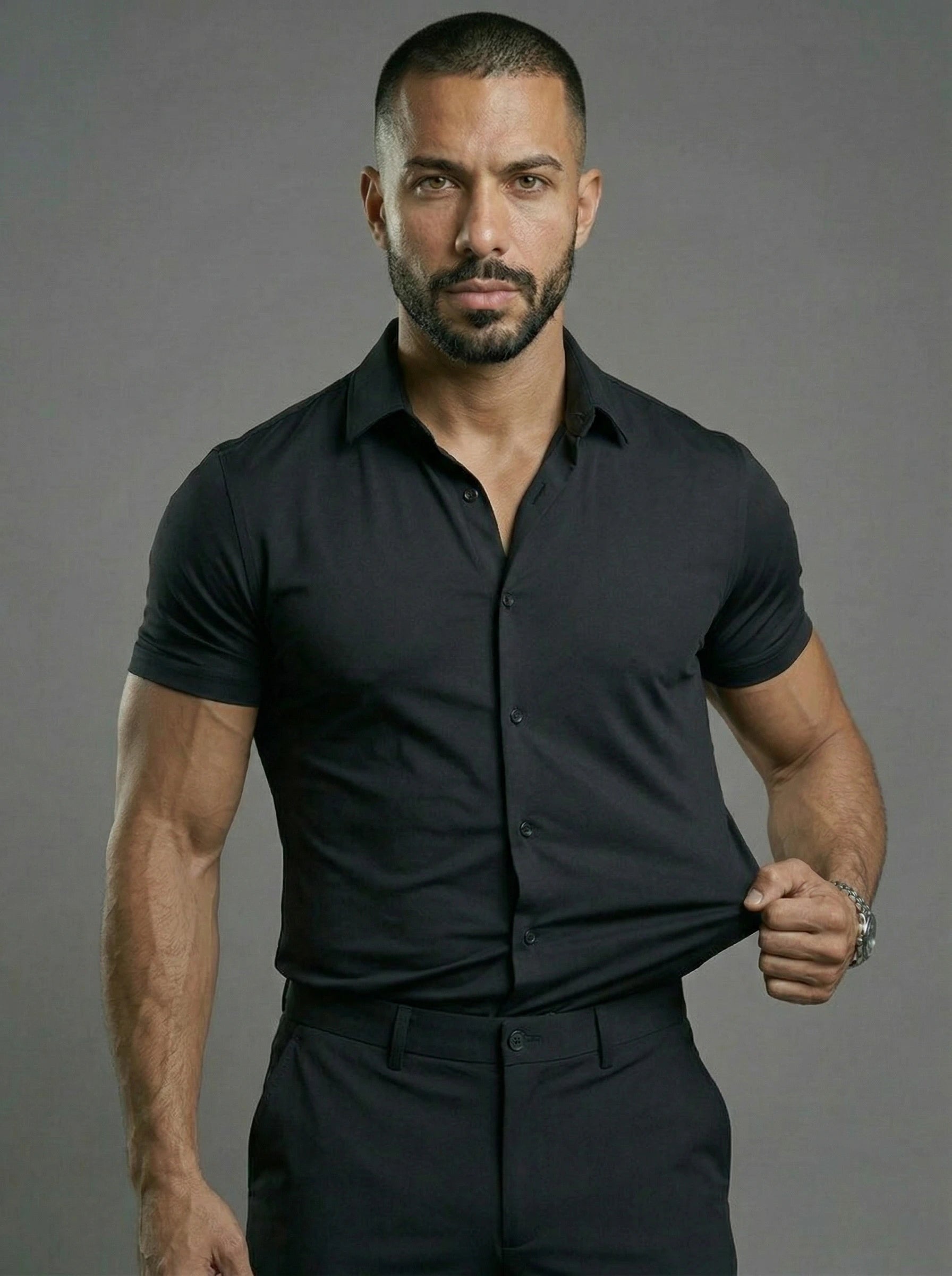 Black Short Sleeve Muscle Dress Shirt Stretch Fit