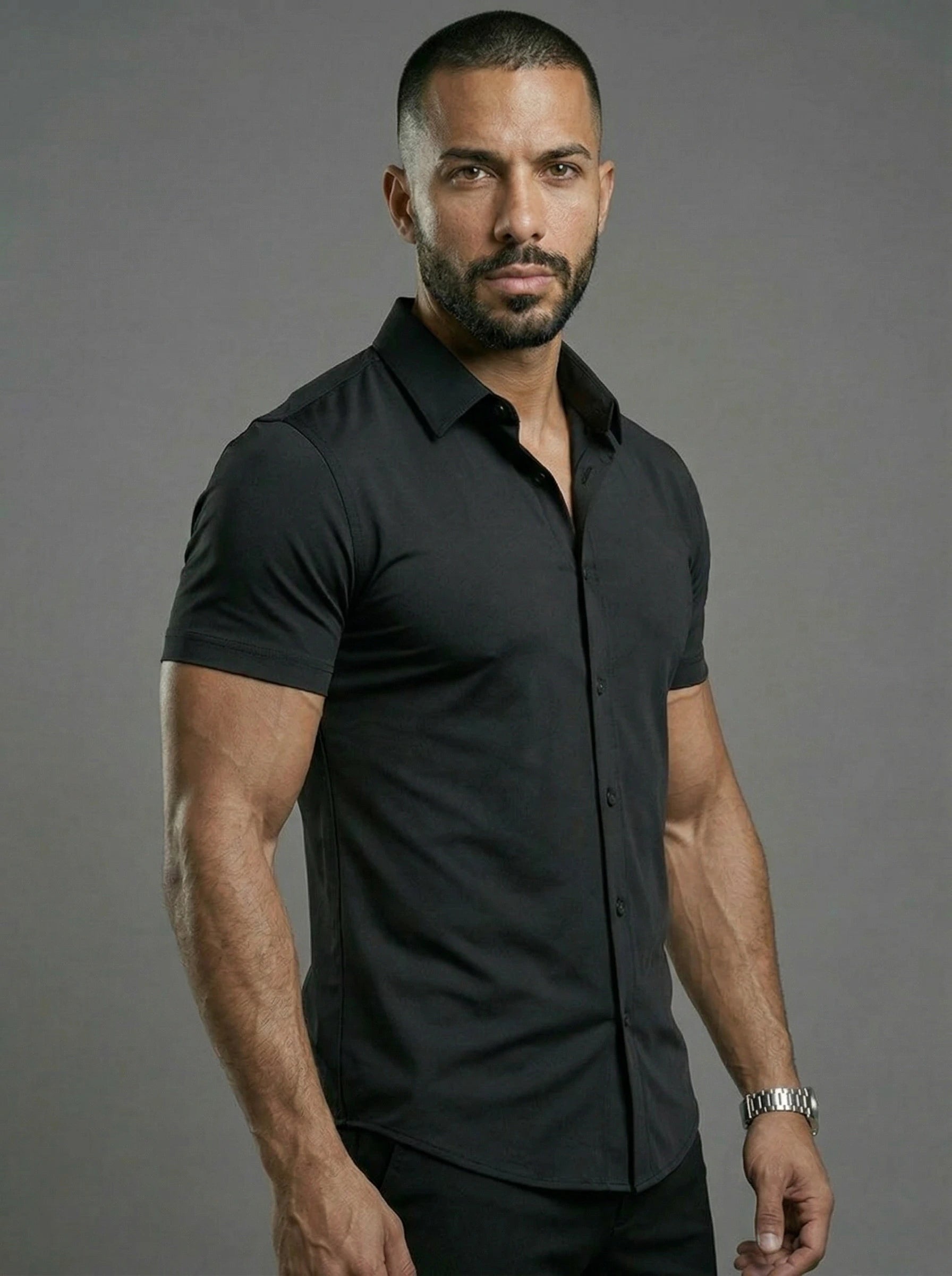 Black Short Sleeve Muscle Dress Shirt Stretch Fit - Image 2