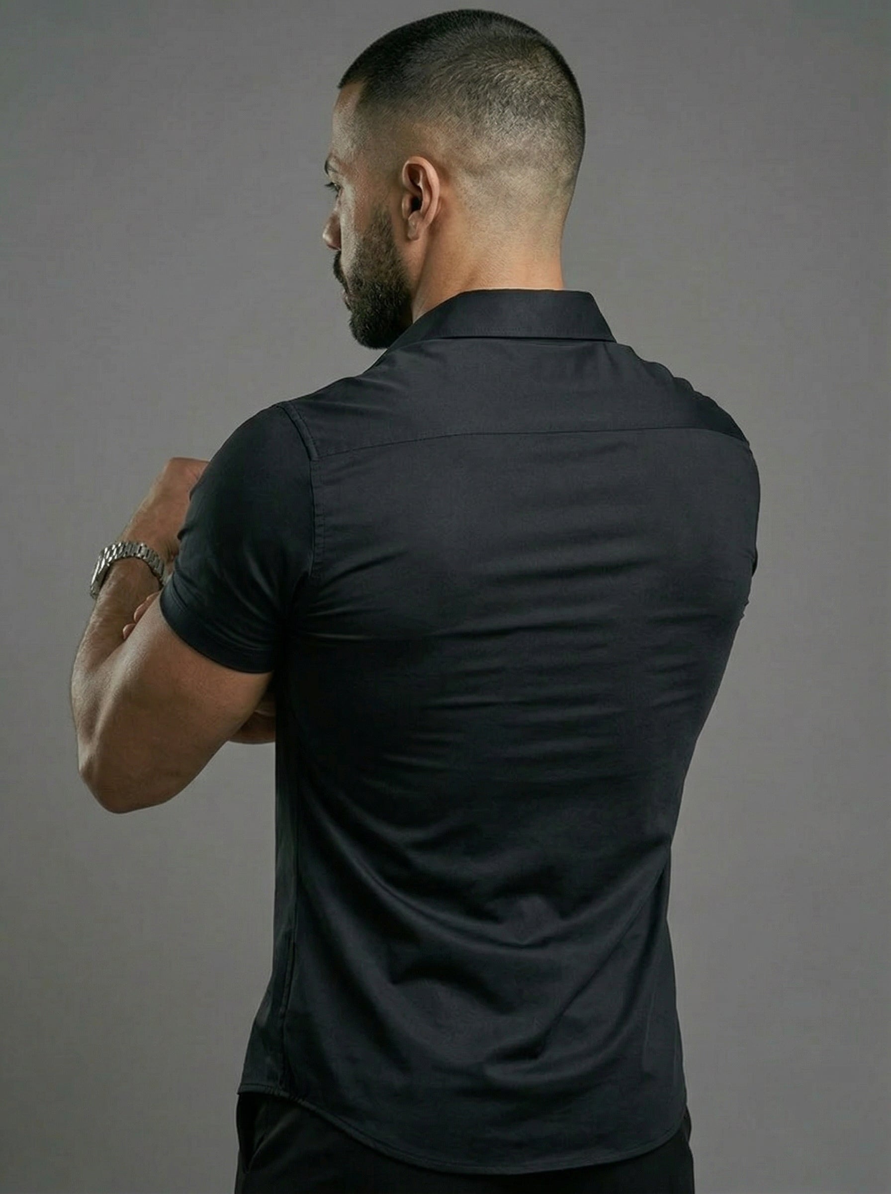 Black Short Sleeve Muscle Dress Shirt Stretch Fit - Image 3