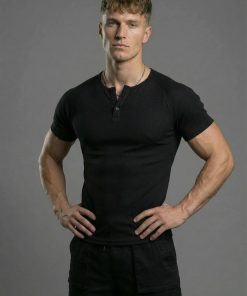 Black Henley Collar Muscle Cotton Shirt