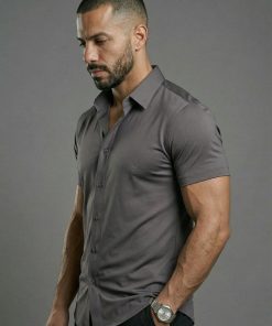 Steel Gray Short Sleeve Muscle Dress Shirt Stretch Fit