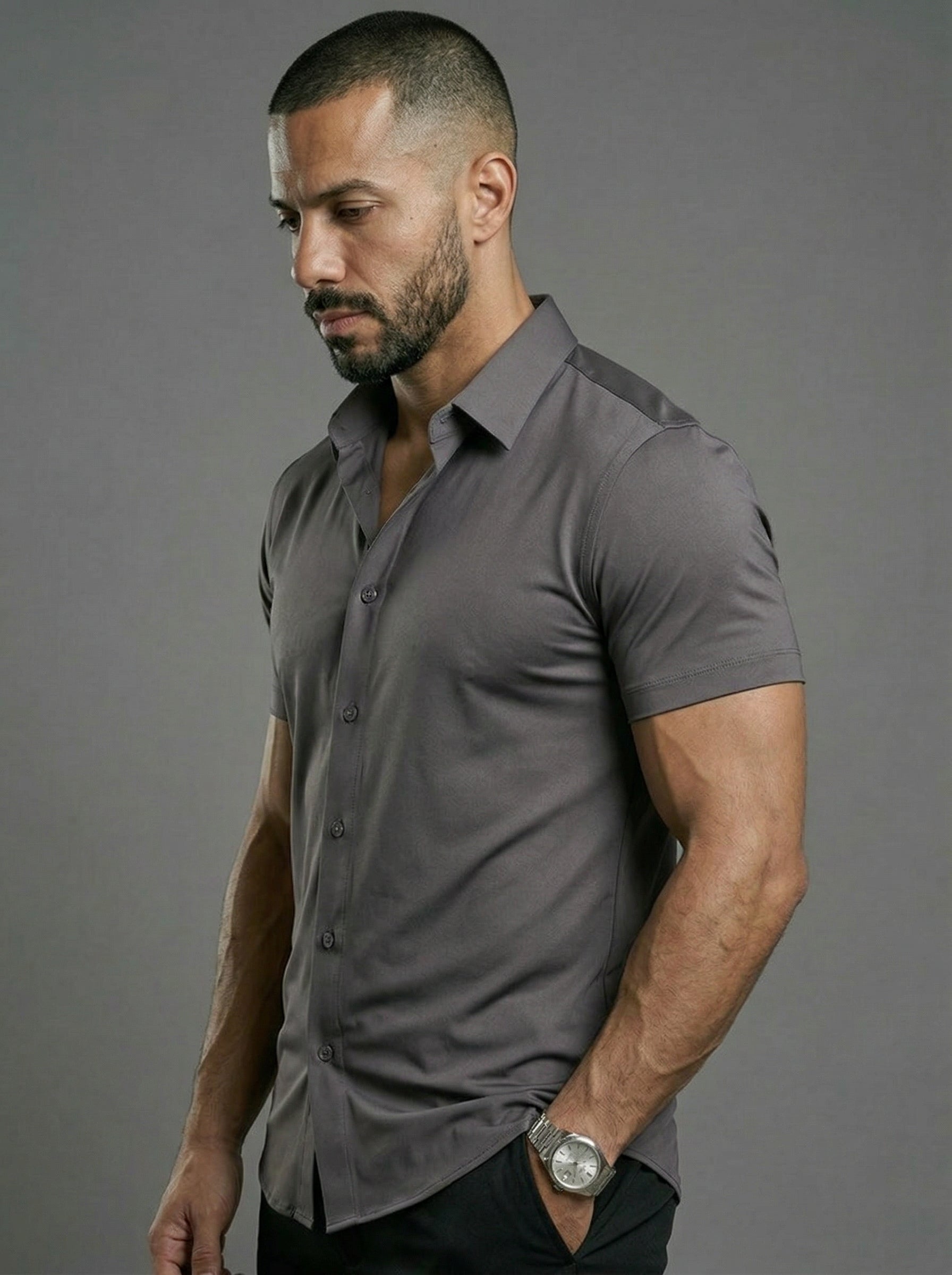 Steel Gray Short Sleeve Muscle Dress Shirt Stretch Fit