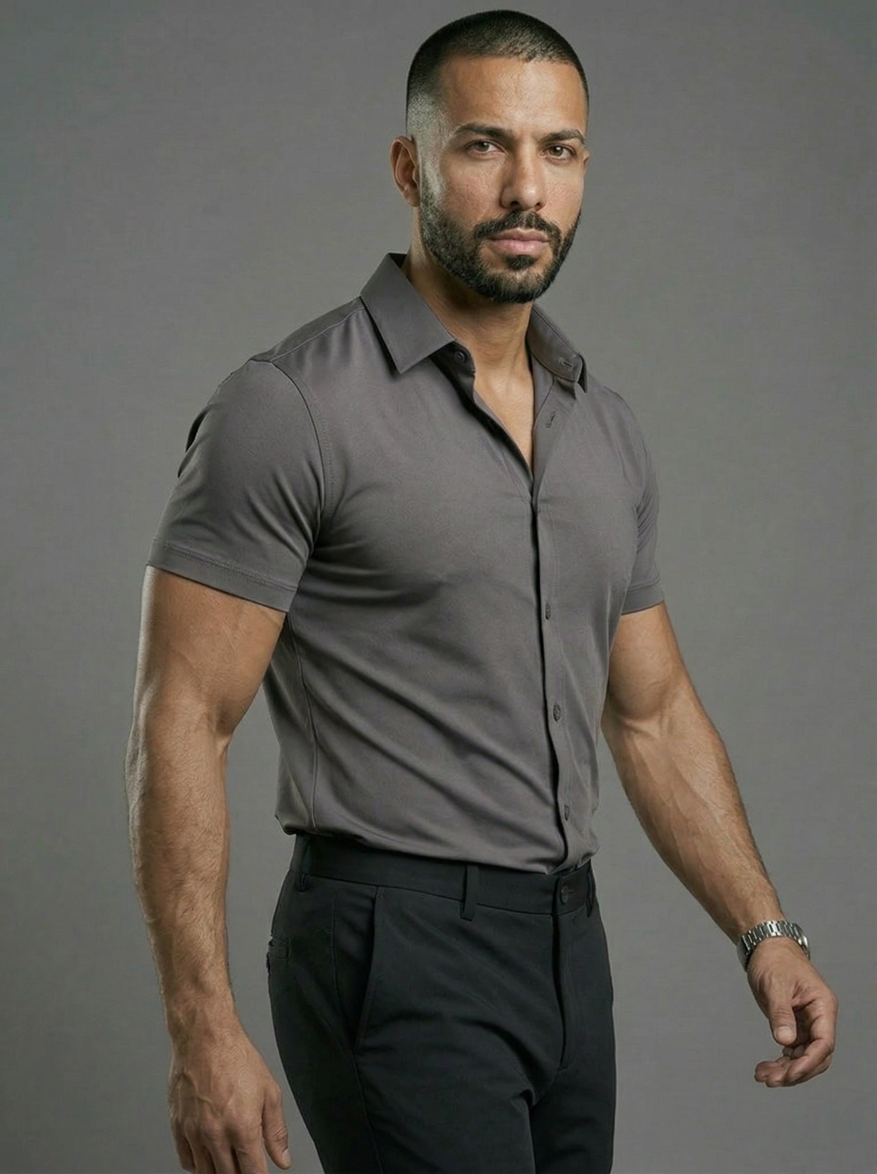 Steel Gray Short Sleeve Muscle Dress Shirt Stretch Fit - Image 2