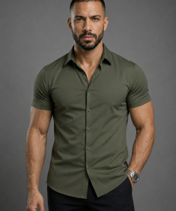 Army Green Short Sleeve Muscle Dress Shirt Stretch Fit