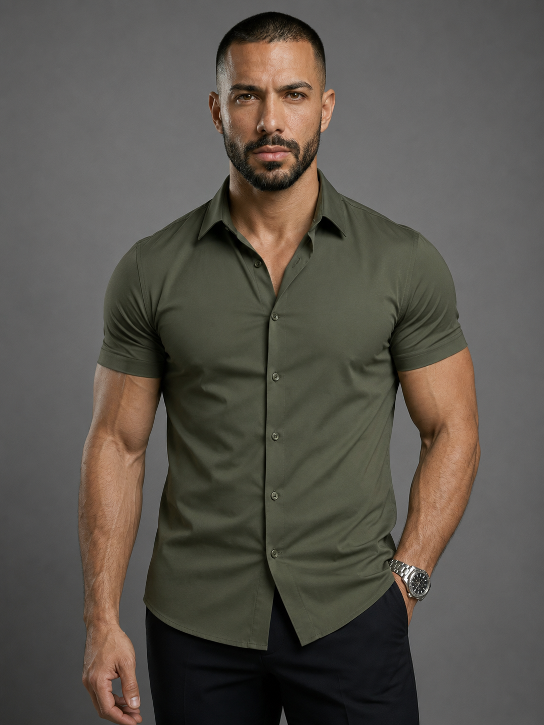 Army Green Short Sleeve Muscle Dress Shirt Stretch Fit