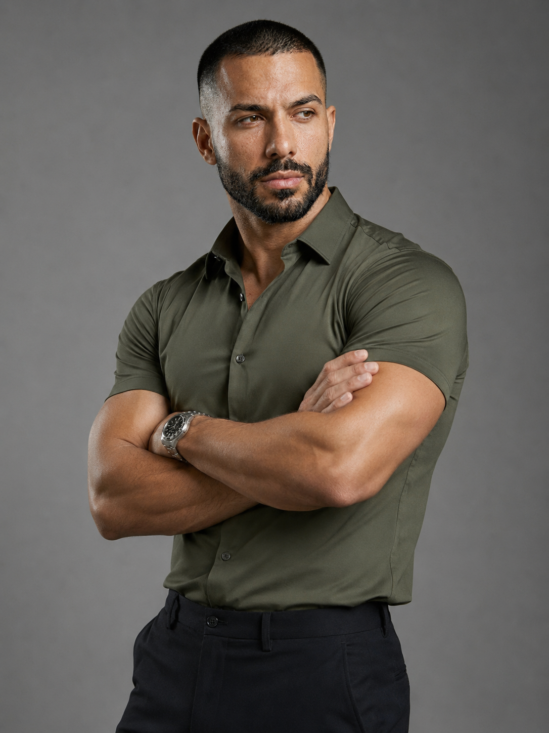 Army Green Short Sleeve Muscle Dress Shirt Stretch Fit - Image 2