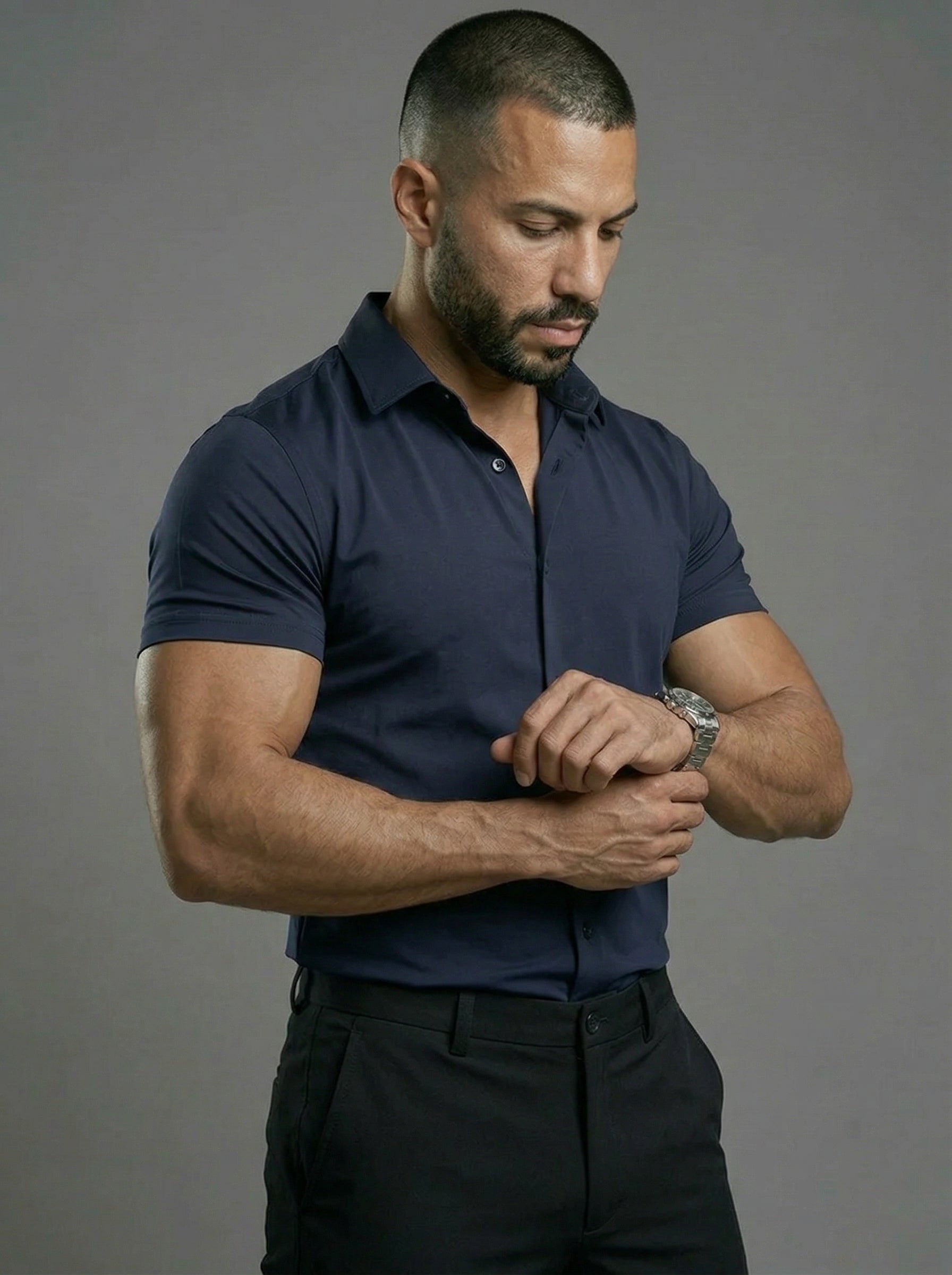 Navy Short Sleeve Muscle Dress Shirt Stretch Fit - Image 2