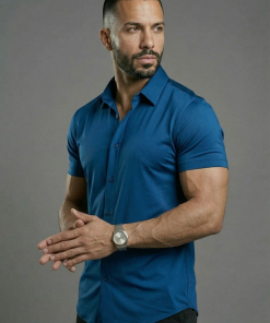 Royal Blue Short Sleeve Muscle Dress Shirt Stretch Fit