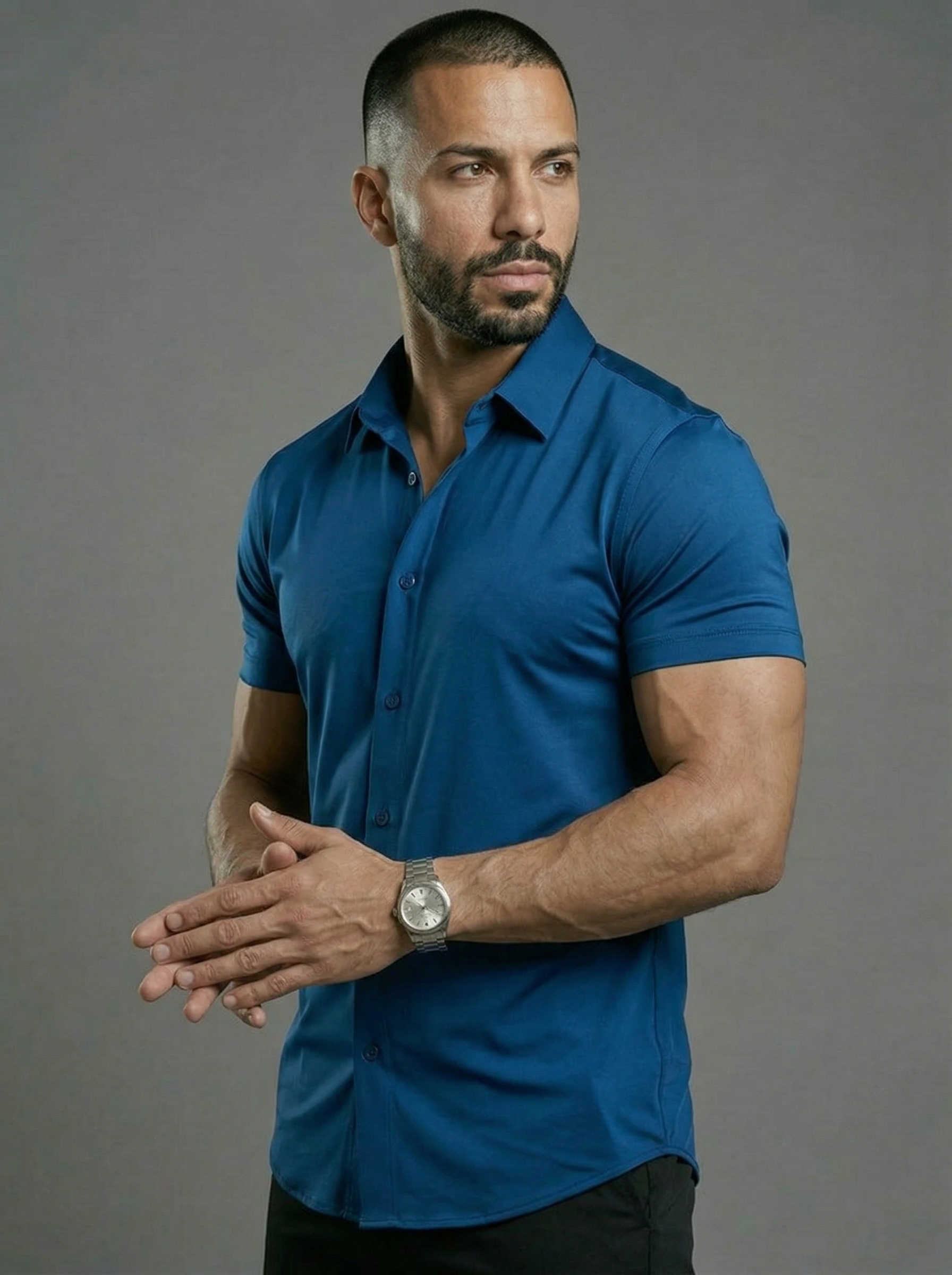 Royal Blue Short Sleeve Muscle Dress Shirt Stretch Fit