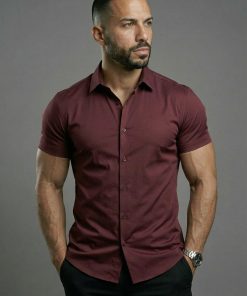 Burgundy Short Sleeve Muscle Dress Shirt Stretch Fit