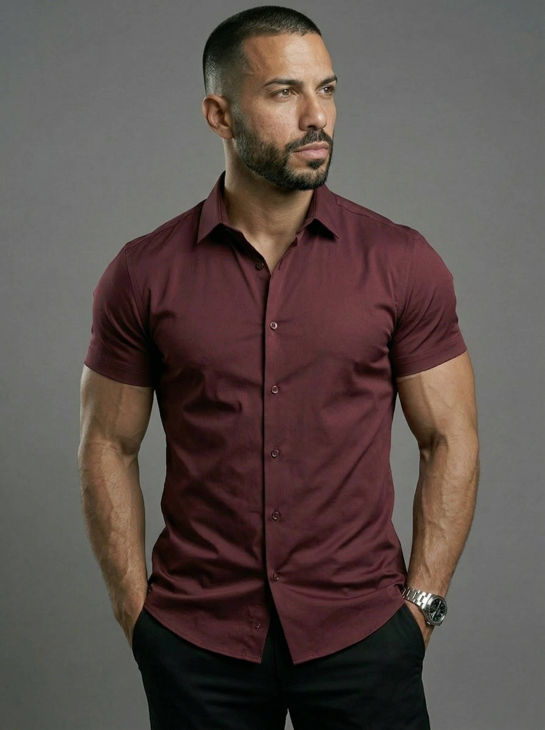 Burgundy Short Sleeve Muscle Dress Shirt Stretch Fit