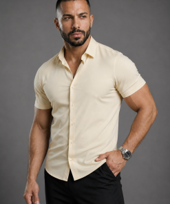 Beige Short Sleeve Muscle Dress Shirt Stretch Fit