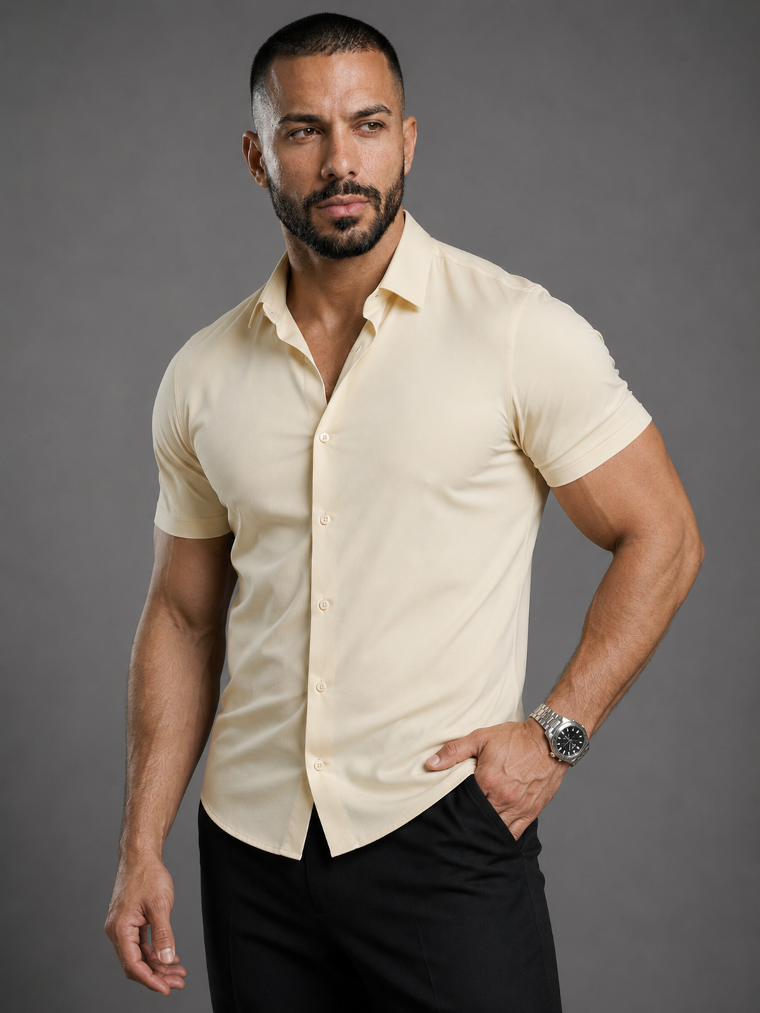 Beige Short Sleeve Muscle Dress Shirt Stretch Fit