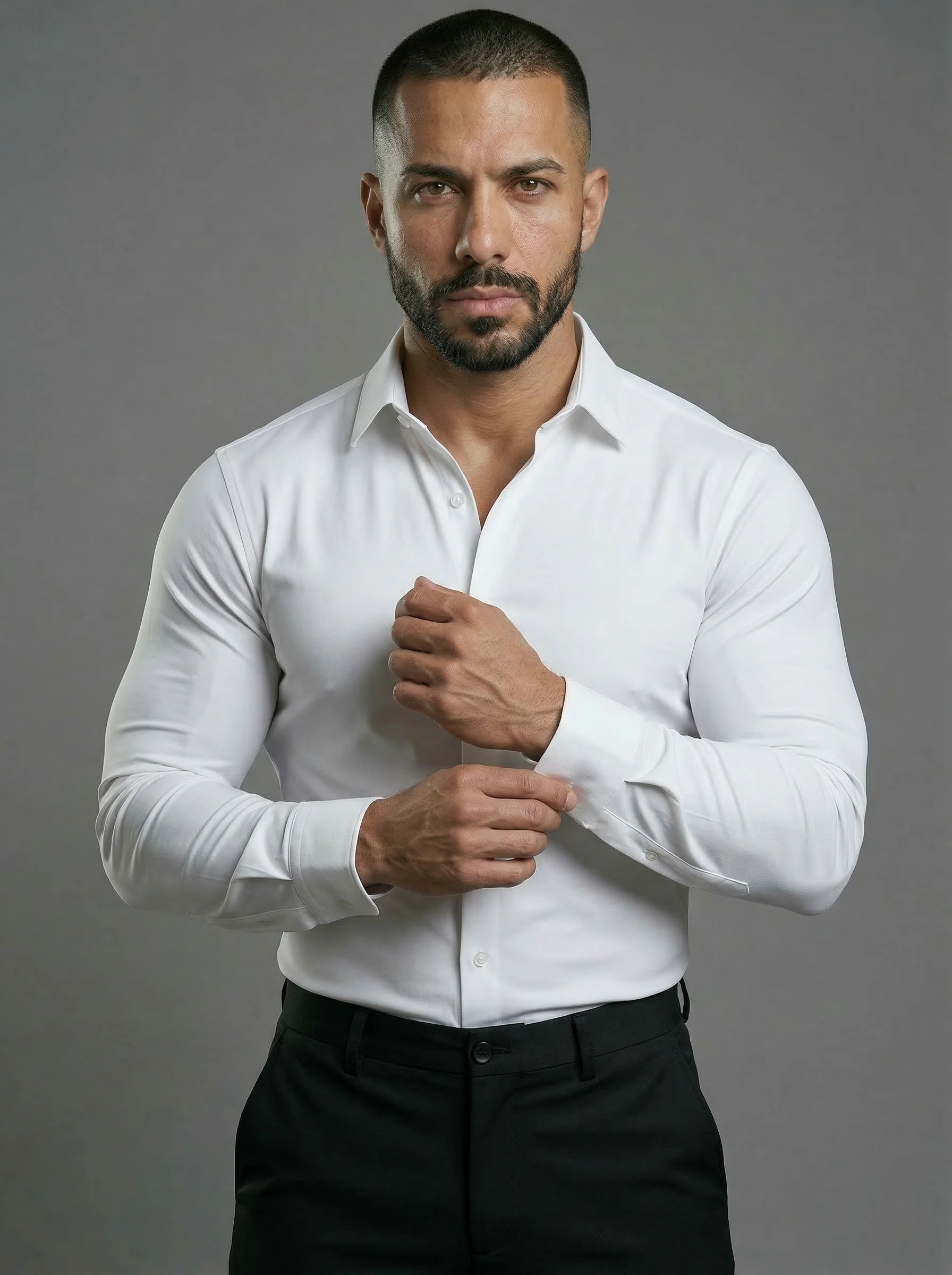 White Long Sleeve Muscle Dress Shirt Stretch Fit