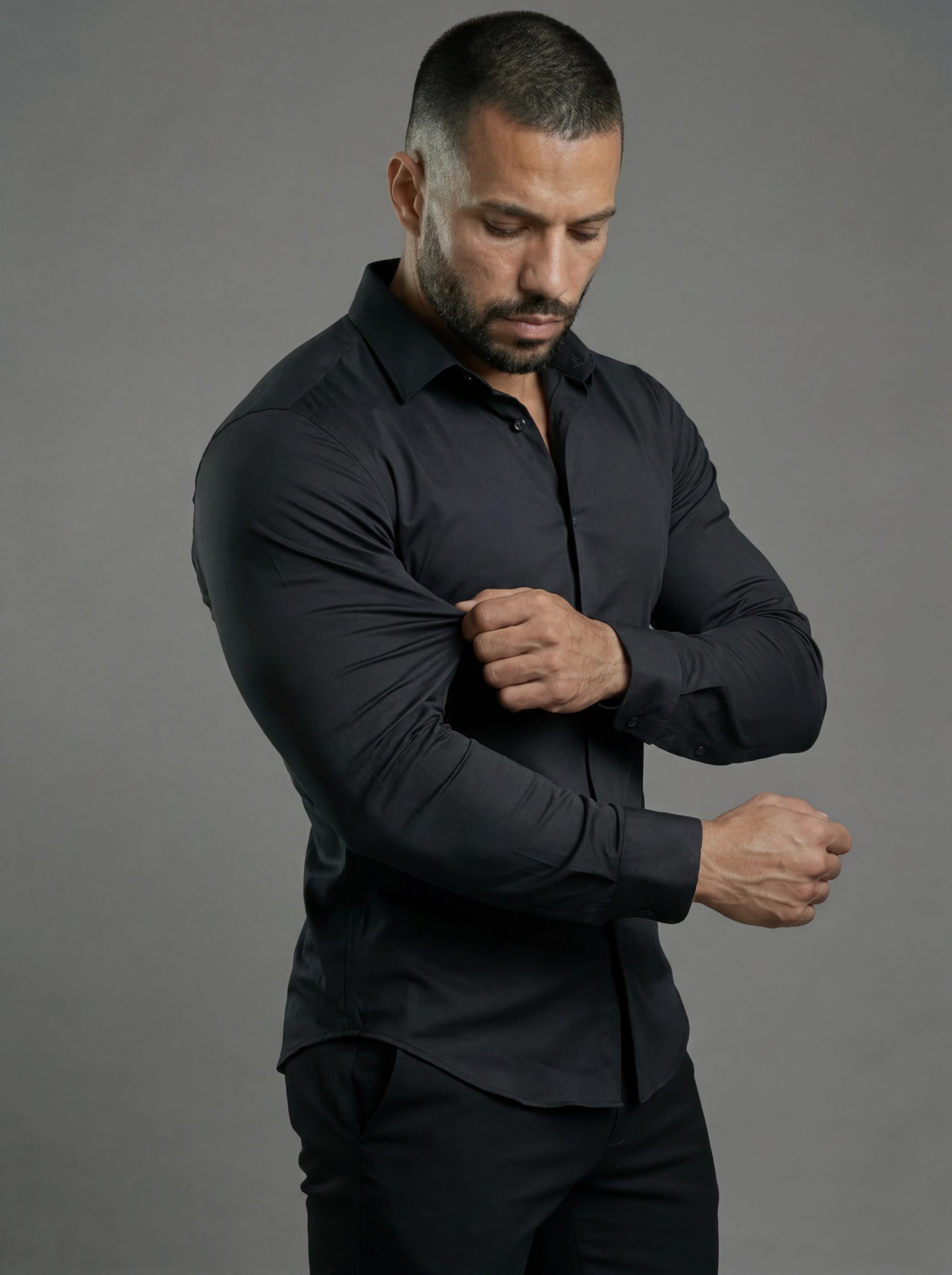 Black Long Sleeve Muscle Dress Shirt Stretch Fit