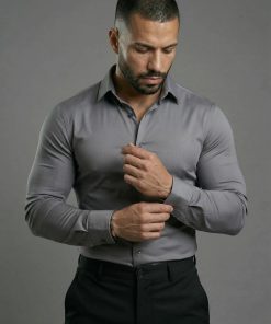 Gray Long Sleeve Muscle Dress Shirt Stretch Fit
