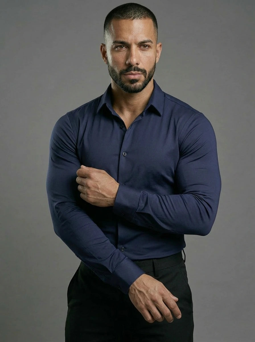 Navy Long Sleeve Muscle Dress Shirt Stretch Fit