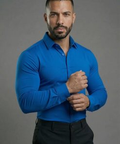 Coral Blue Long Sleeve Muscle Dress Shirt Stretch Fit