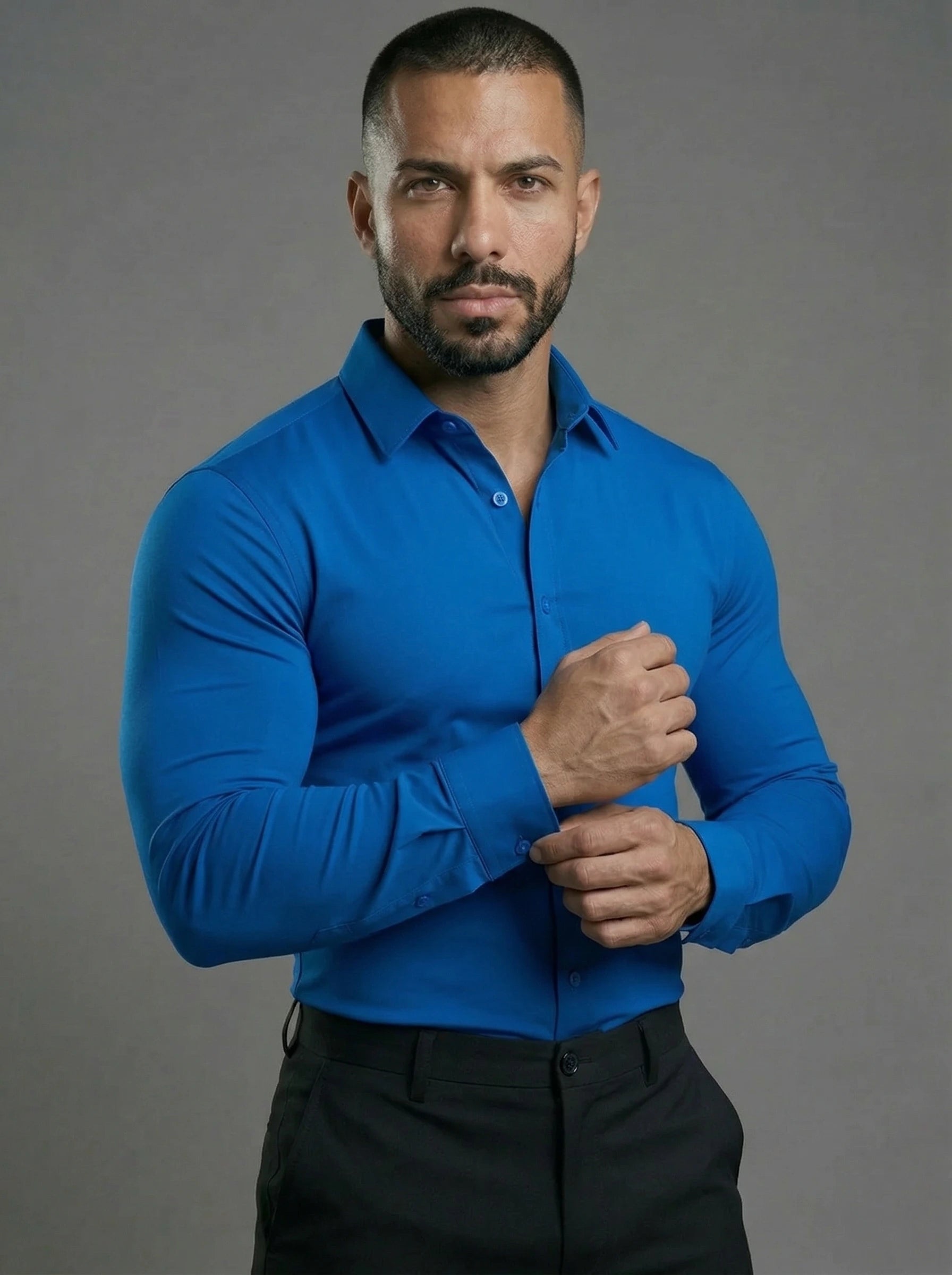 Coral Blue Long Sleeve Muscle Dress Shirt Stretch Fit