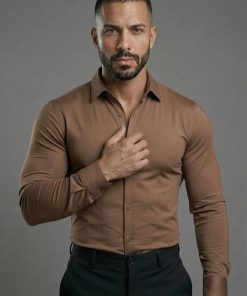 Dark Brown Long Sleeve Muscle Dress Shirt Stretch Fit