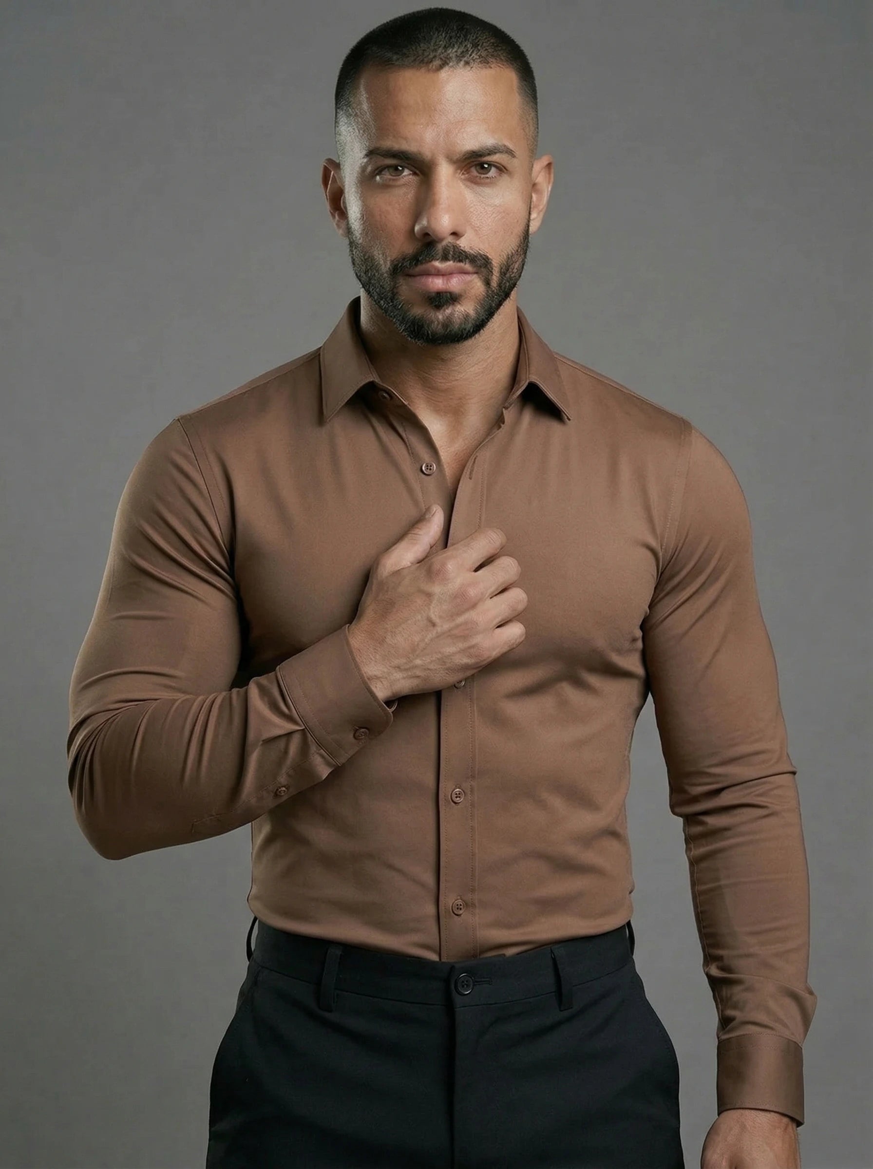 Dark Brown Long Sleeve Muscle Dress Shirt Stretch Fit