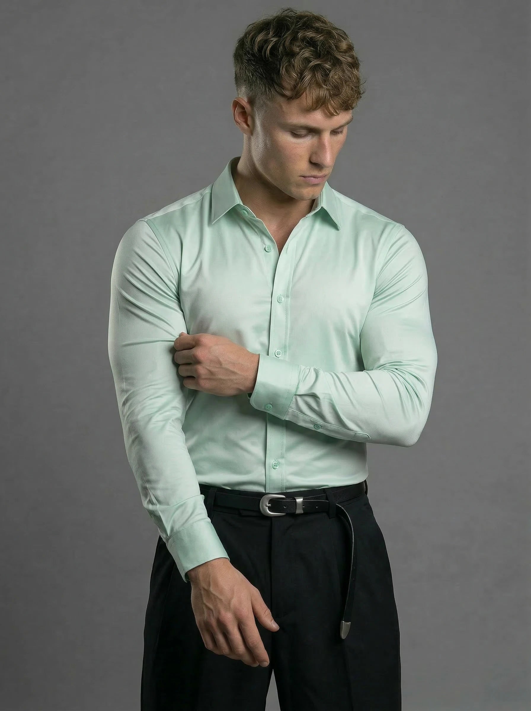 Mint Long Sleeve Muscle Dress Shirt Stretch Fit