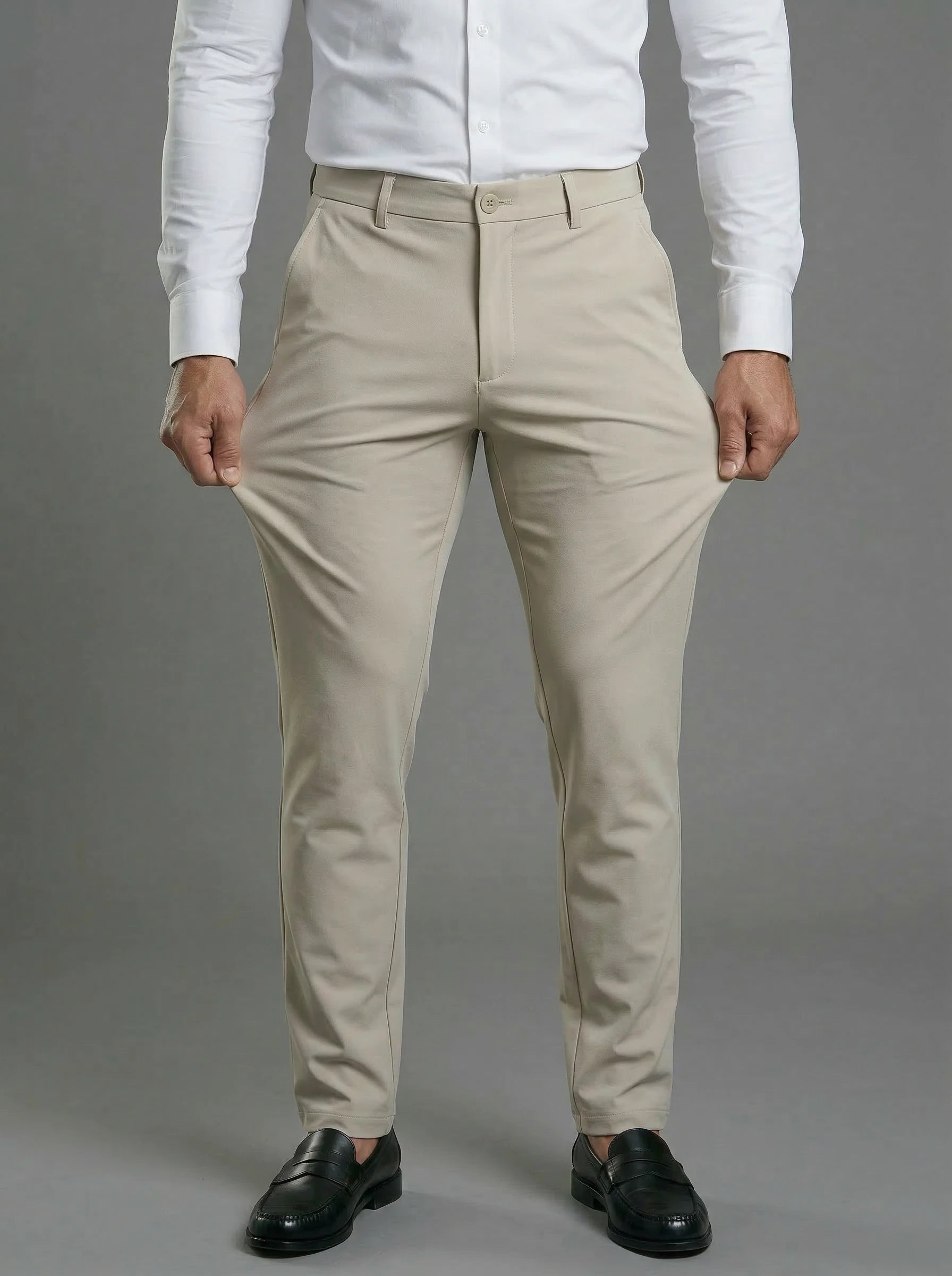 Khaki Stretch Knit Pleated Pants